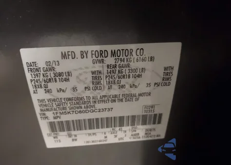 2013 Ford Explorer Xlt from USA, damaged, VIN 1FM5K7D80DGC23737